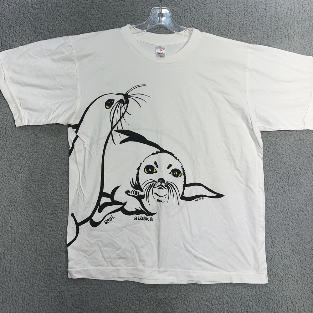 VTG Becik Designs Alaska Seal T Shirt Men's M White 2-Sided Tee 90's